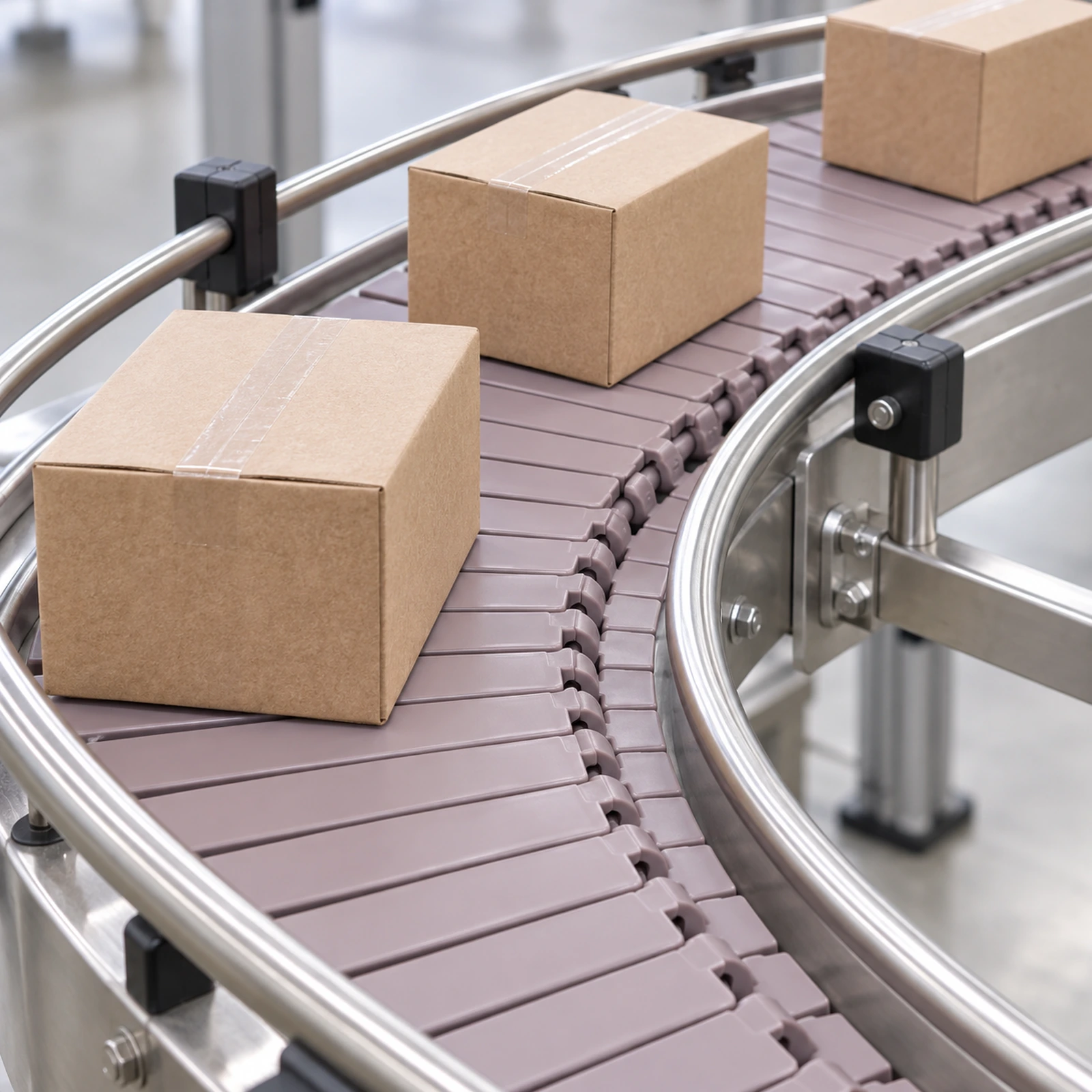 Illustration of cartons on a side flexing conveyor chain