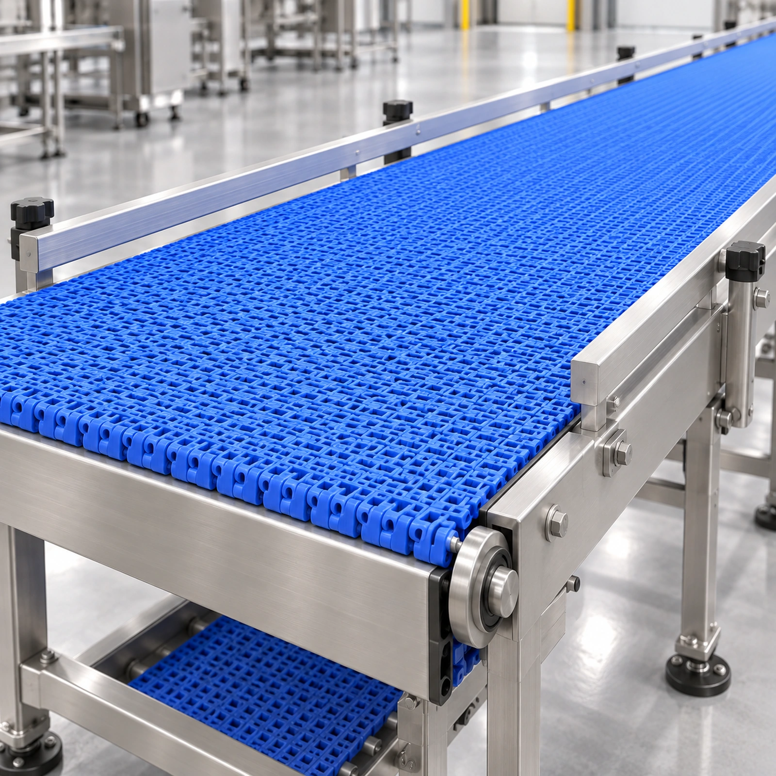 Illustration of a blue modular belt on a straight conveyor