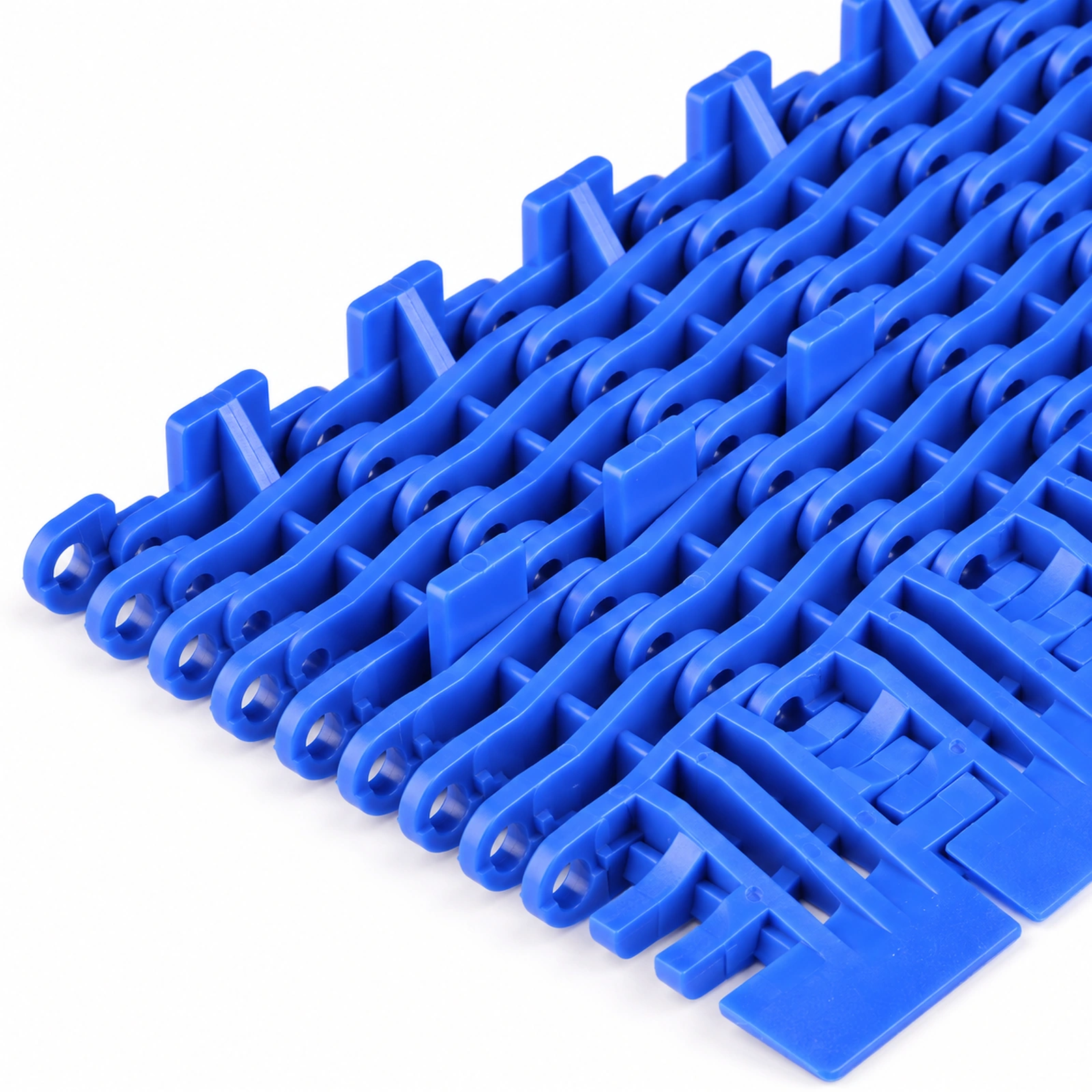 Underside view of blue modular belt links and hinges