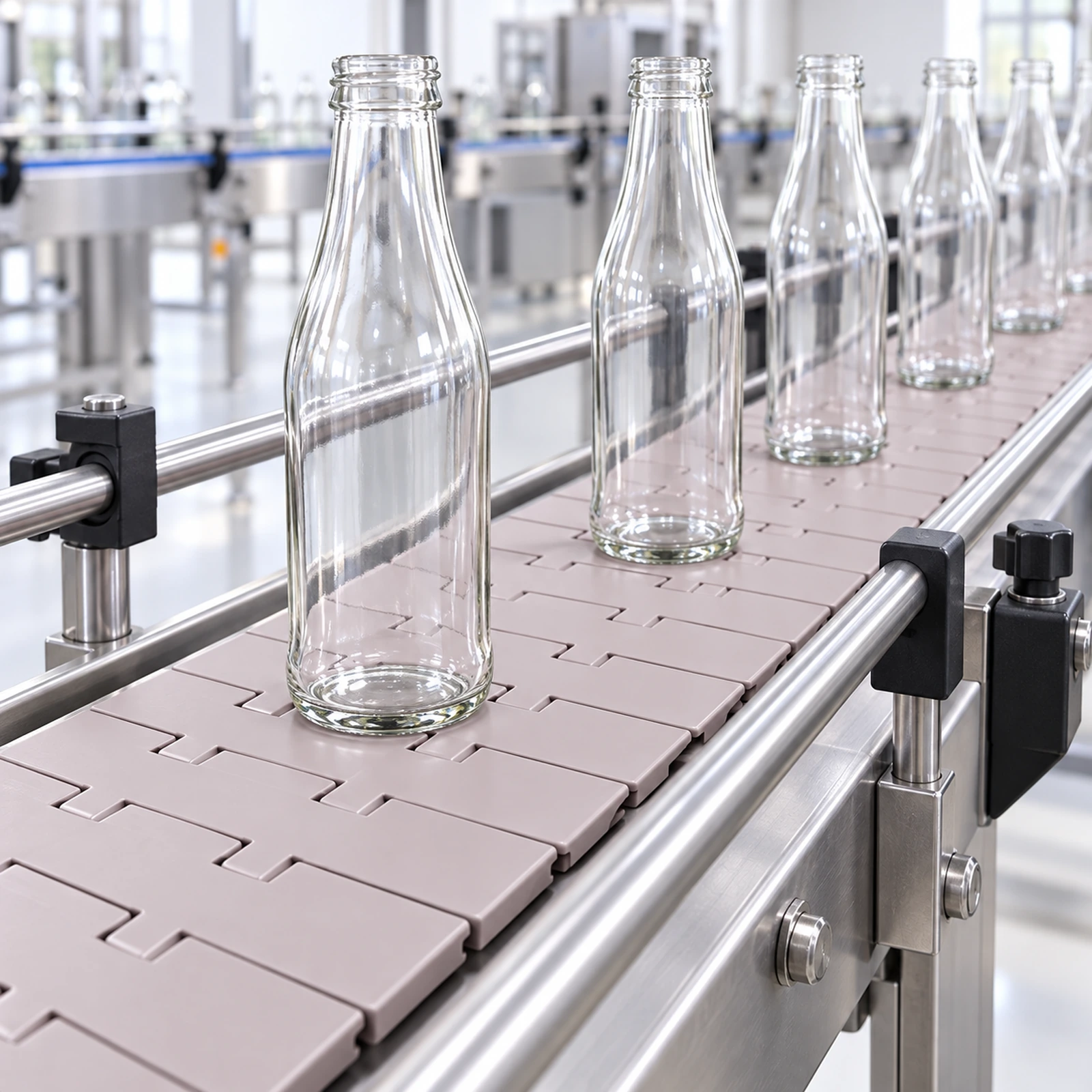 Illustration of tabletop chain conveying bottles