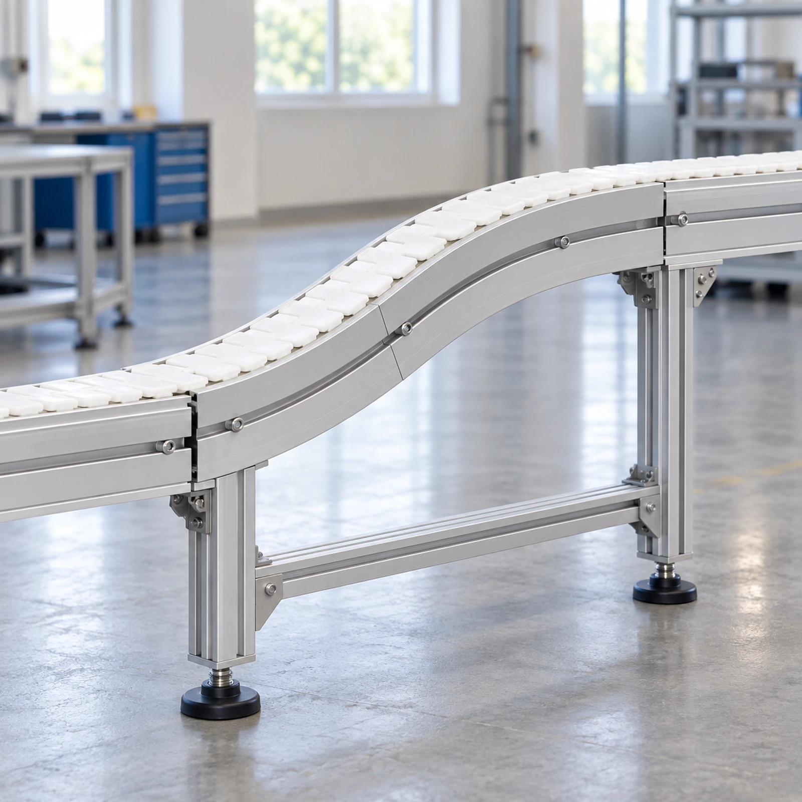 Illustration of a flexible chain conveyor changing elevation