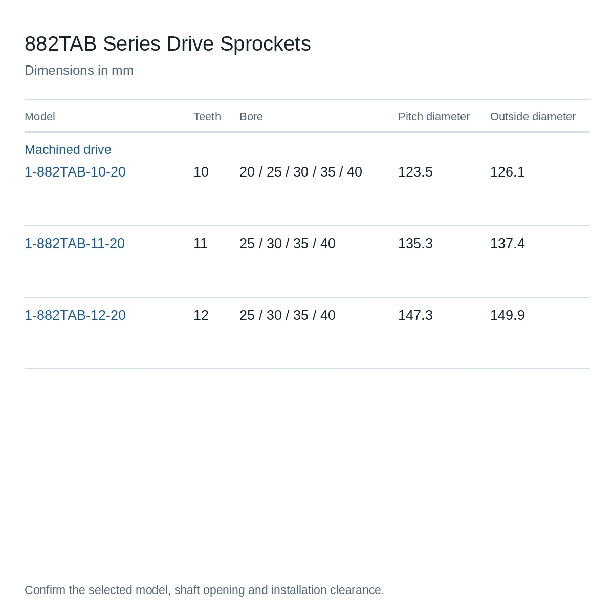 882TAB drive sprocket metric model specifications