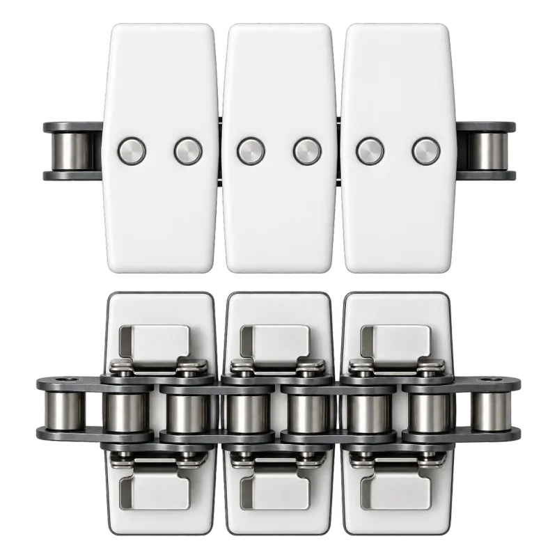 White conveyor top-plate chain shown from top and underside