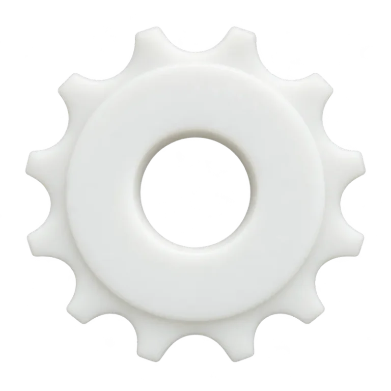 White conveyor sprocket with center bore on a white background