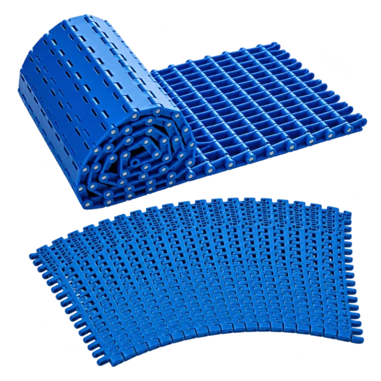 Two blue plastic modular belt forms on a white background