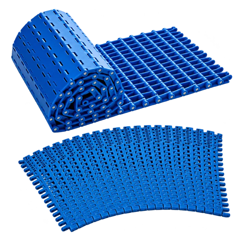 Two blue plastic modular belt forms on a white background