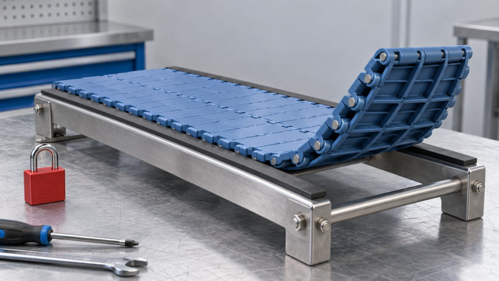 Conceptual stopped modular belt sample showing its upper surface, underside and separate wear supports.