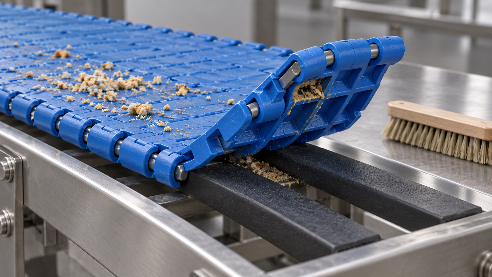 Conceptual modular belt close-up with loose crumbs, adhering underside residue and partially covered support-contact areas.