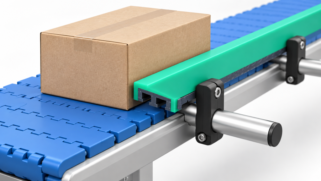 Conceptual carton-side guide rail supported by generic clamps and rods beside a modular belt.