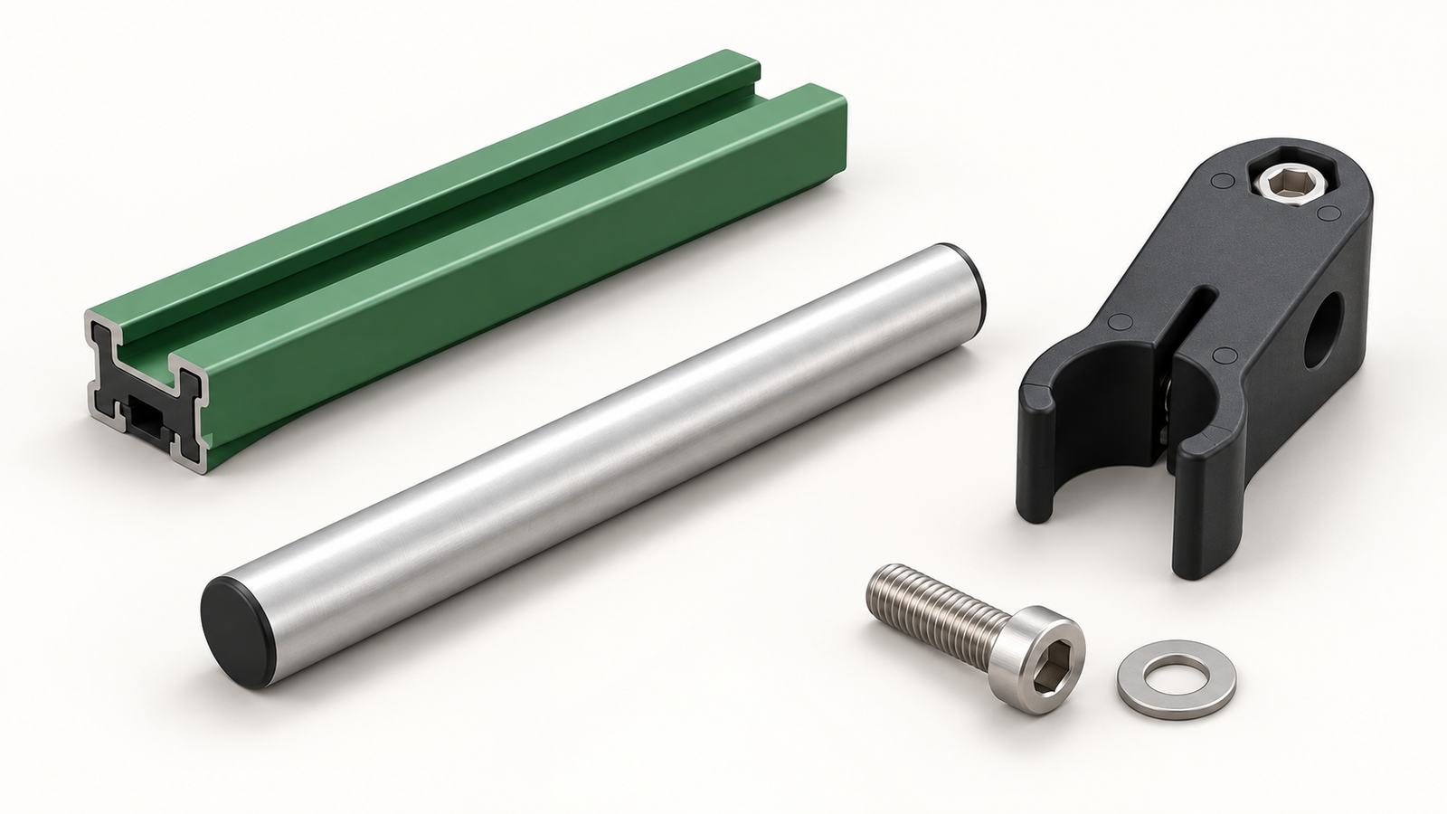 Separated generic rail backing, support rod, open clamp and fastener for interface identification.