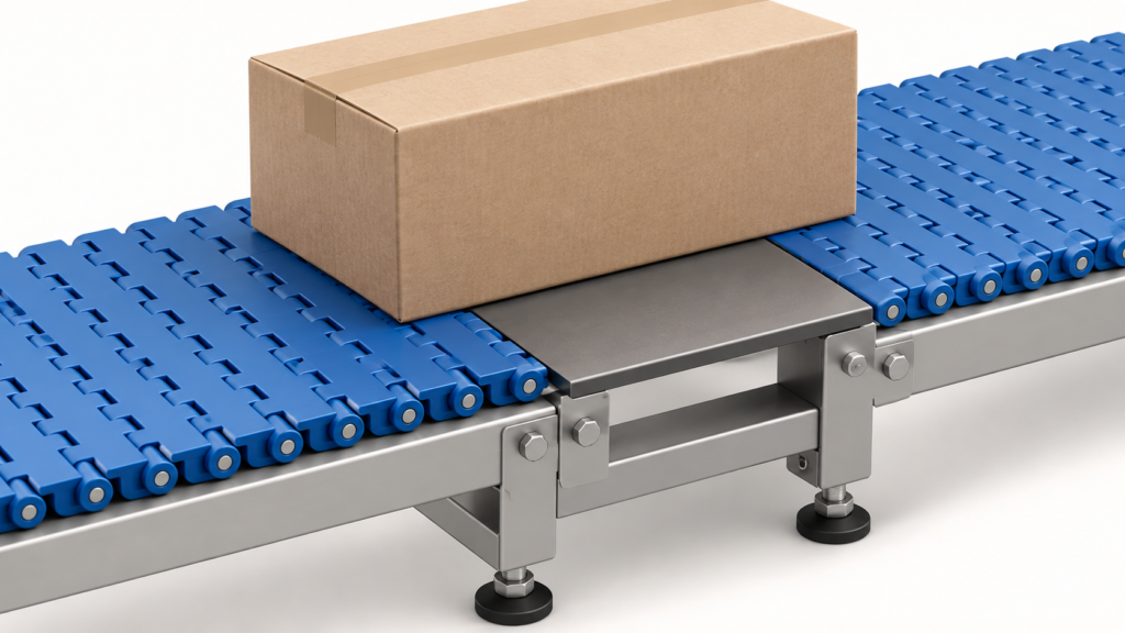 Conceptual wide view of two modular conveying surfaces with a separate passive plate at their junction.