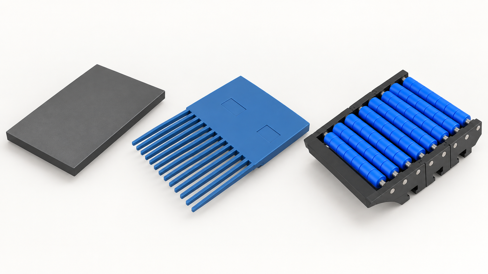 Separate conceptual examples of a smooth plate, comb-finger plate and roller transfer unit.