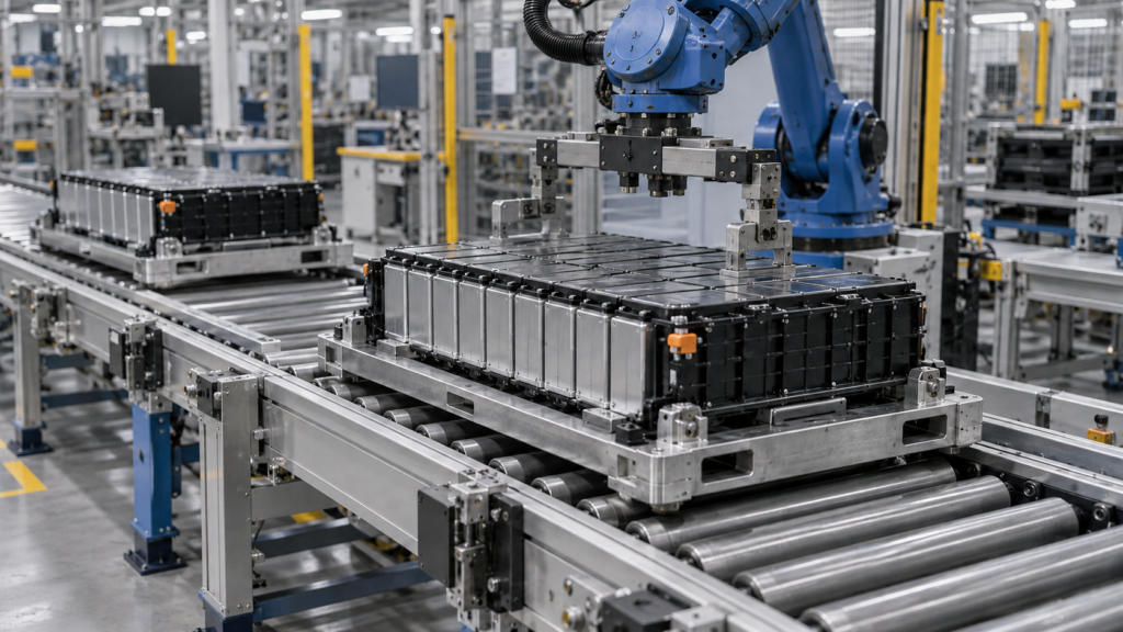 Illustrative EV battery module carriers on a roller conveyor beneath a handling robot