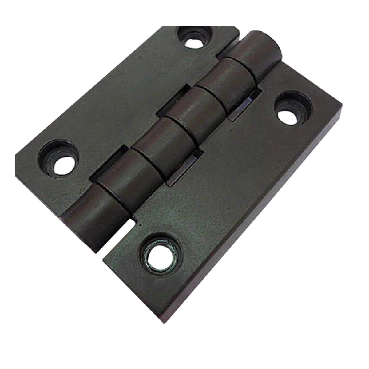 Black fixed hinge viewed at an angle to show the pivot and fixing recesses