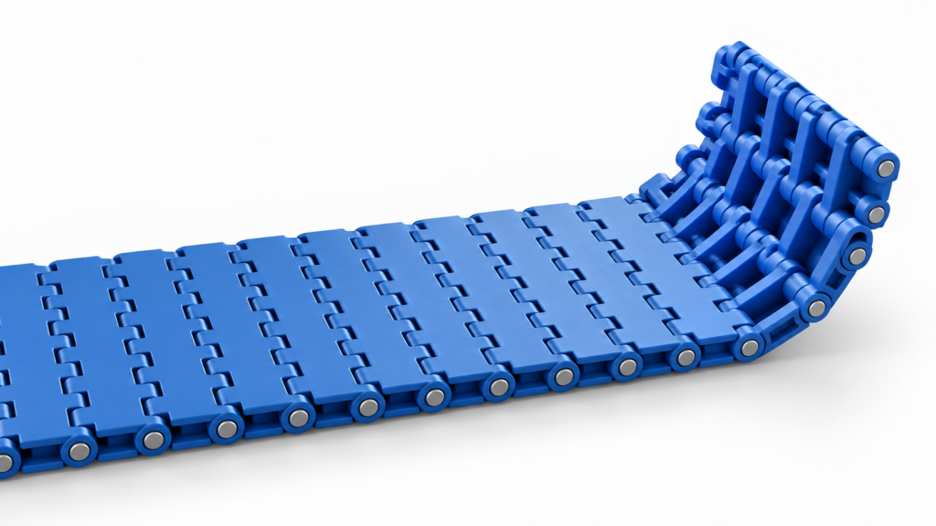 Conceptual modular plastic belt with a flat upper surface, linked rows and an underside revealed at a curved end.
