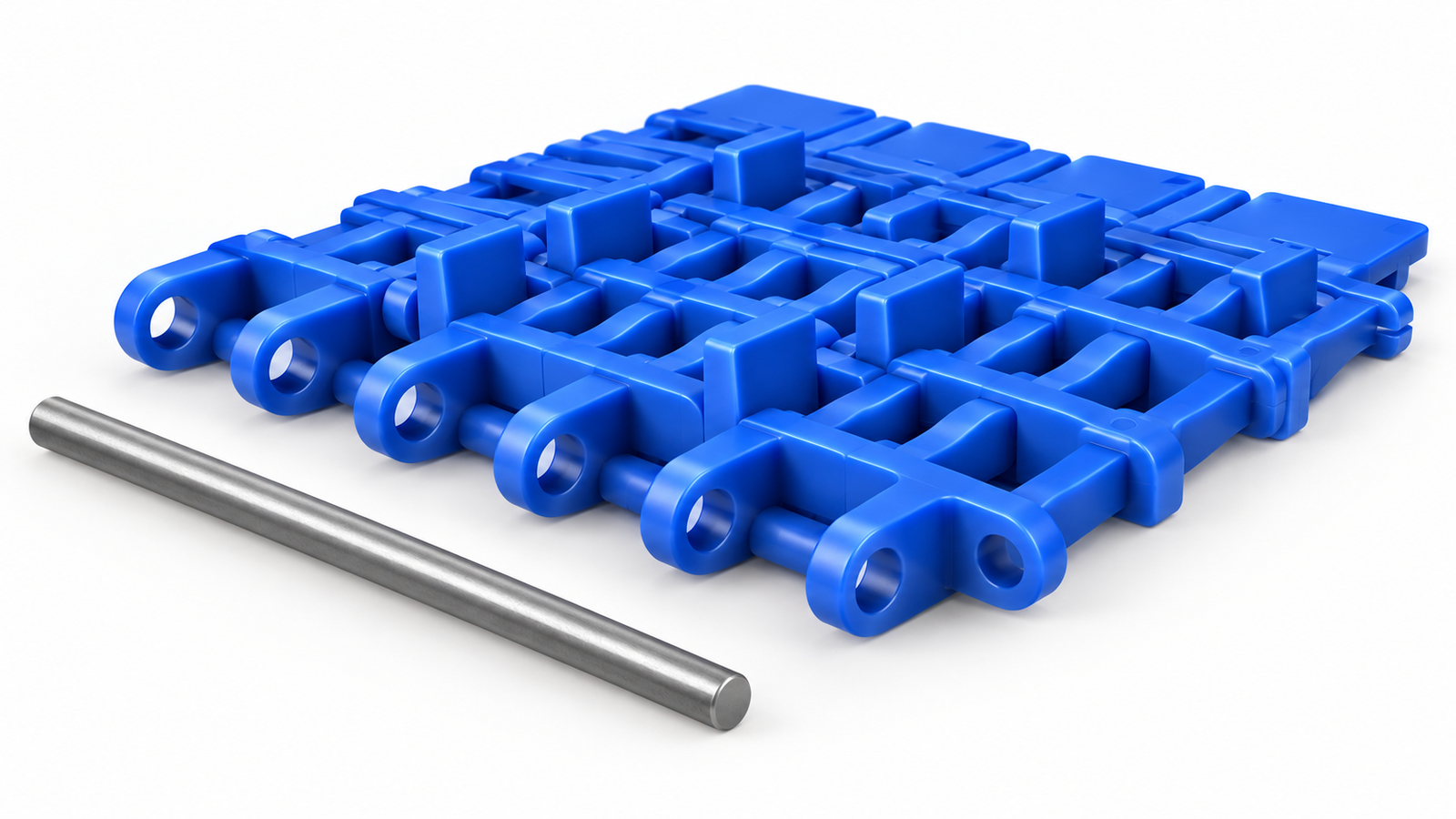 Conceptual modular-belt underside showing hinge rows with one separate connecting pin aligned beside them.