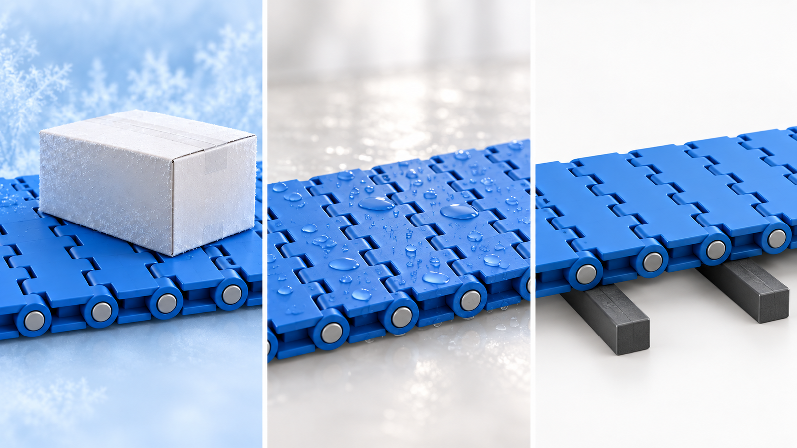 Three conceptual modular-belt conditions: cool product contact, a warmer wet environment and sliding contact on a support strip.