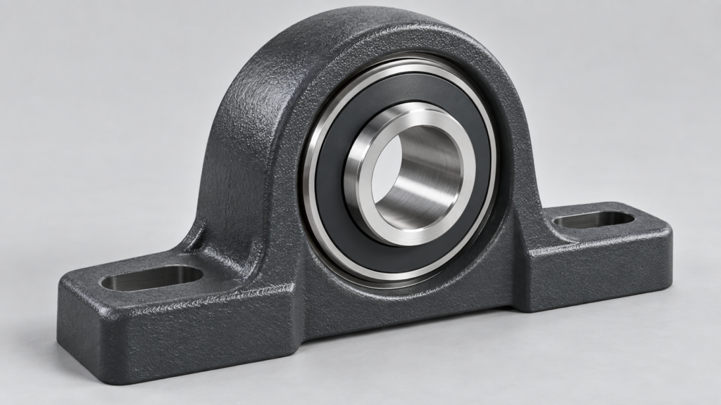 Conceptual pillow-block unit with an arched housing, two mounting slots and a visible bearing insert.