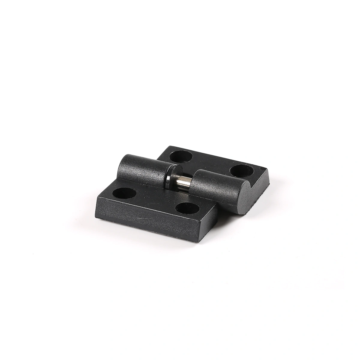 Black two-leaf hinge with four mounting holes