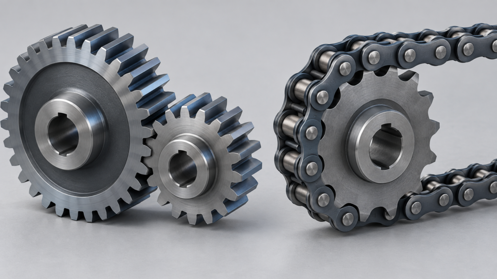 Conceptual view of two meshing gears beside a sprocket wrapped by roller chain.
