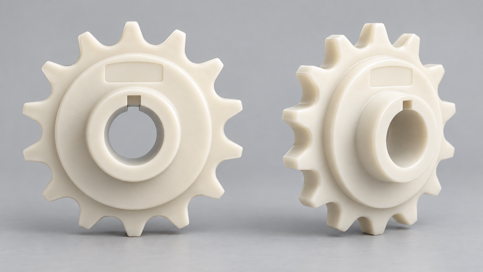Front and angled views of a conceptual sprocket showing the tooth perimeter, bore, keyway and blank identification area.