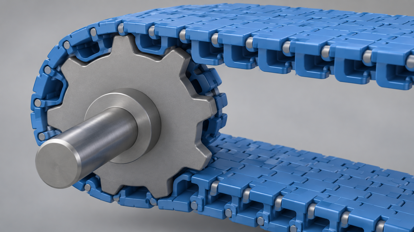 Conceptual close-up of a modular belt wrapping around a sprocket with underside drive pockets visible.